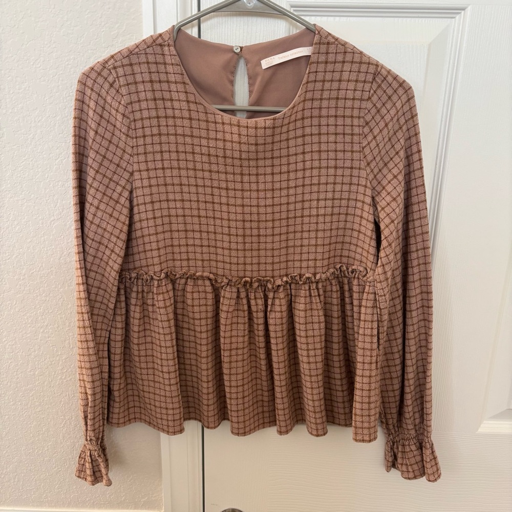 ZARA TRF COLLECTION LIGHT ORANGE PLAID BABYDOLL TOP
